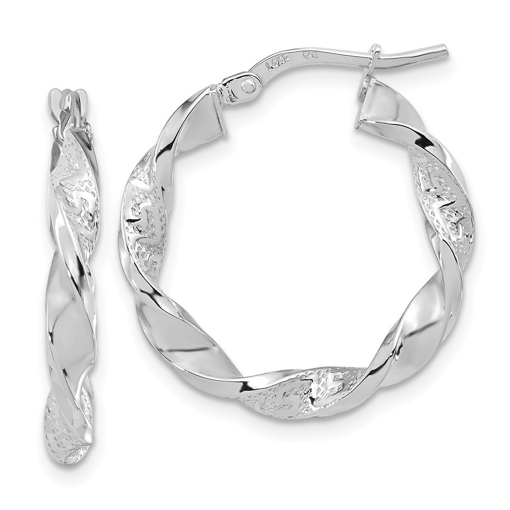 14k White Gold Polished And Textured Twisted Hoop Earrings L X 22.22 Mm W